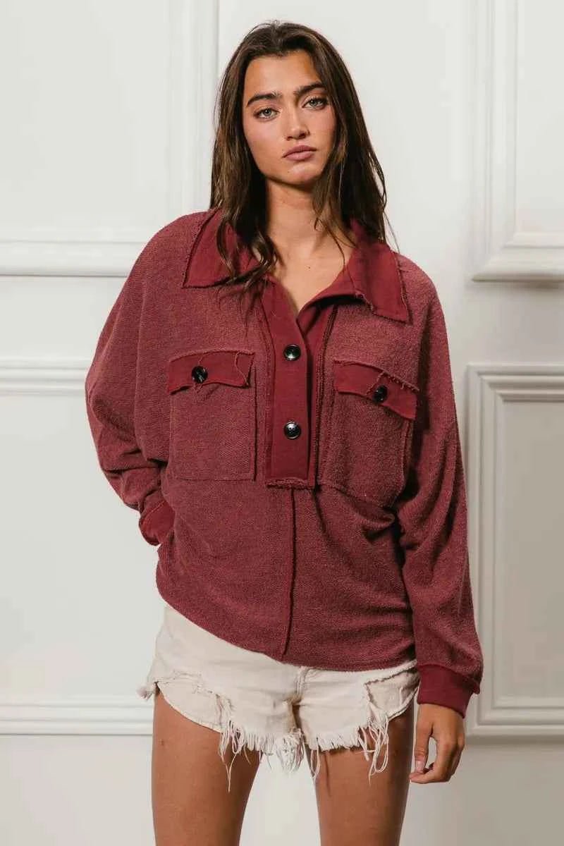 BiBi Cp French Terry Collared Top with Cut Edge Detail - MegaSuperStar