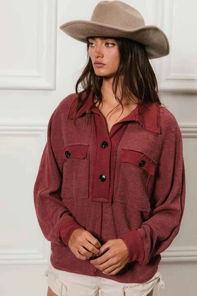 BiBi Cp French Terry Collared Top with Cut Edge Detail - MegaSuperStar