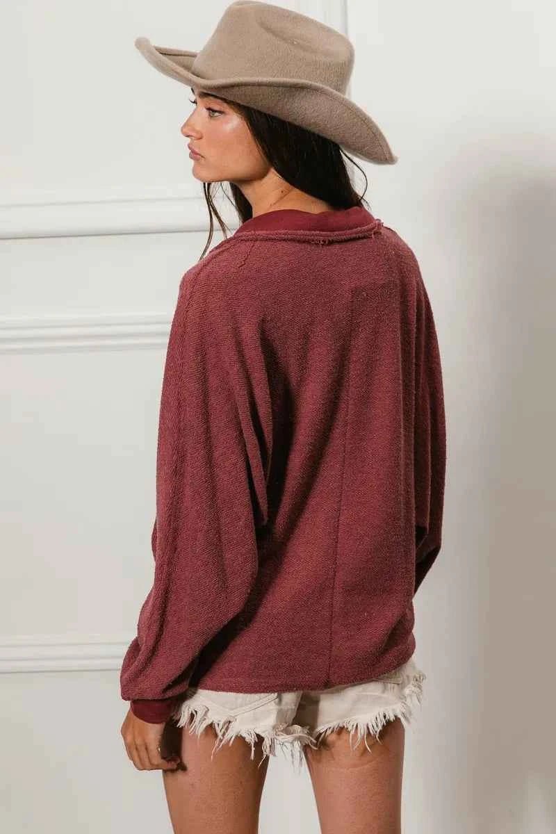 BiBi Cp French Terry Collared Top with Cut Edge Detail - MegaSuperStar