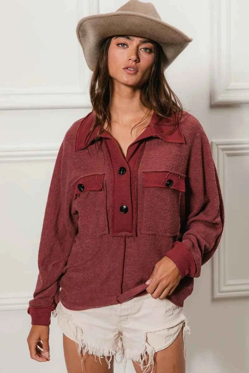 BiBi Cp French Terry Collared Top with Cut Edge Detail - MegaSuperStar