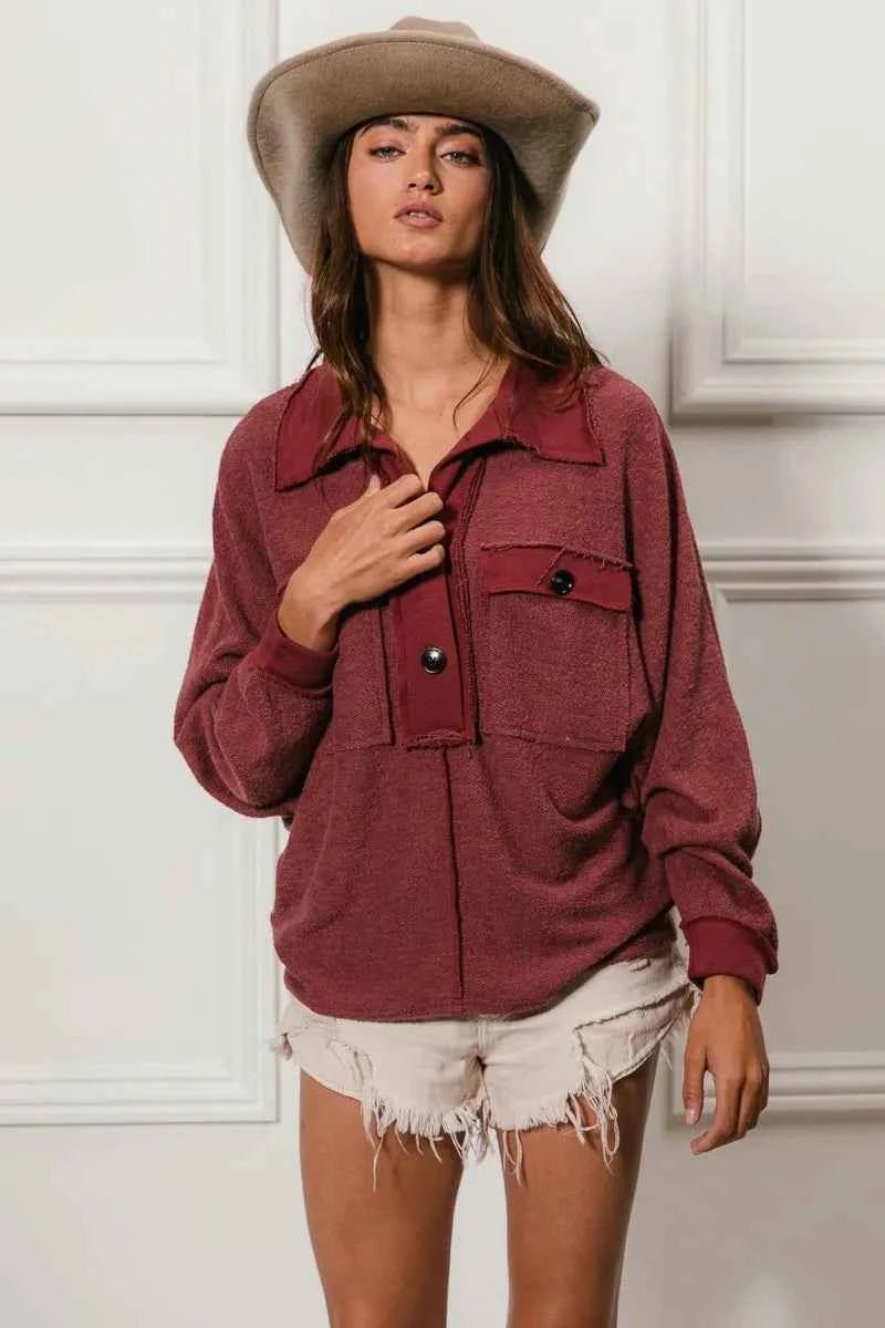 BiBi Cp French Terry Collared Top with Cut Edge Detail - MegaSuperStar