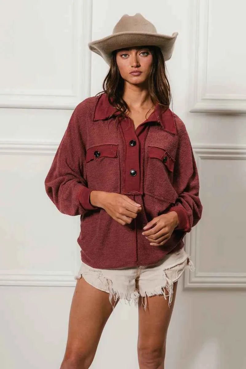 BiBi Cp French Terry Collared Top with Cut Edge Detail - MegaSuperStar