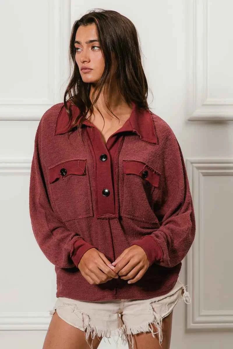 BiBi Cp French Terry Collared Top with Cut Edge Detail - MegaSuperStar