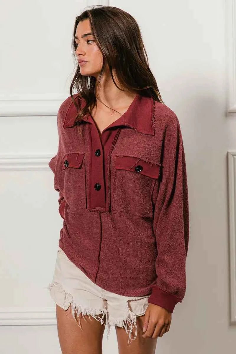 BiBi Cp French Terry Collared Top with Cut Edge Detail - MegaSuperStar
