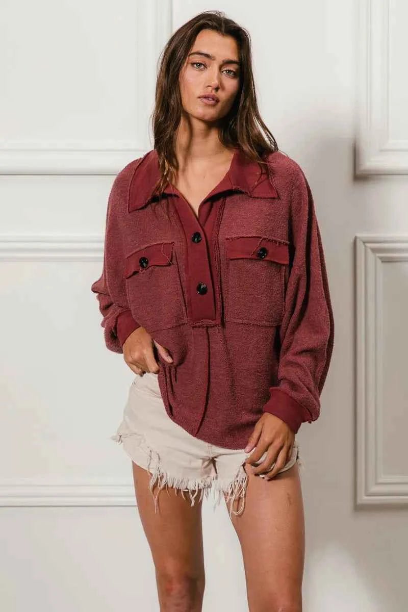 BiBi Cp French Terry Collared Top with Cut Edge Detail - MegaSuperStar
