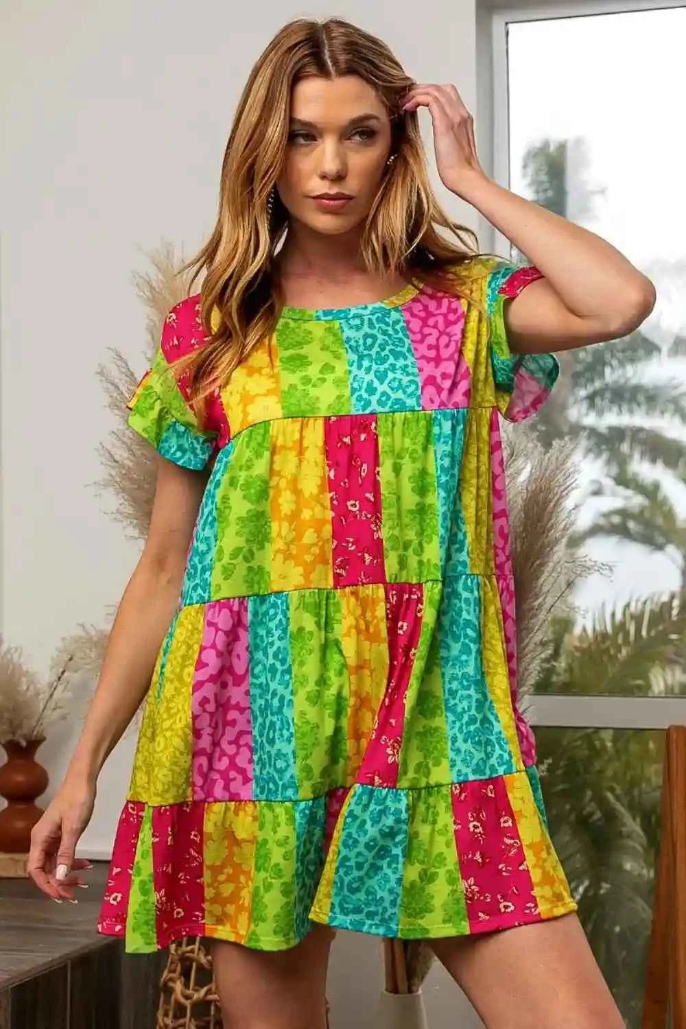 BiBi Leopard Tiered Dress for Effortless Style - MegaSuperStar