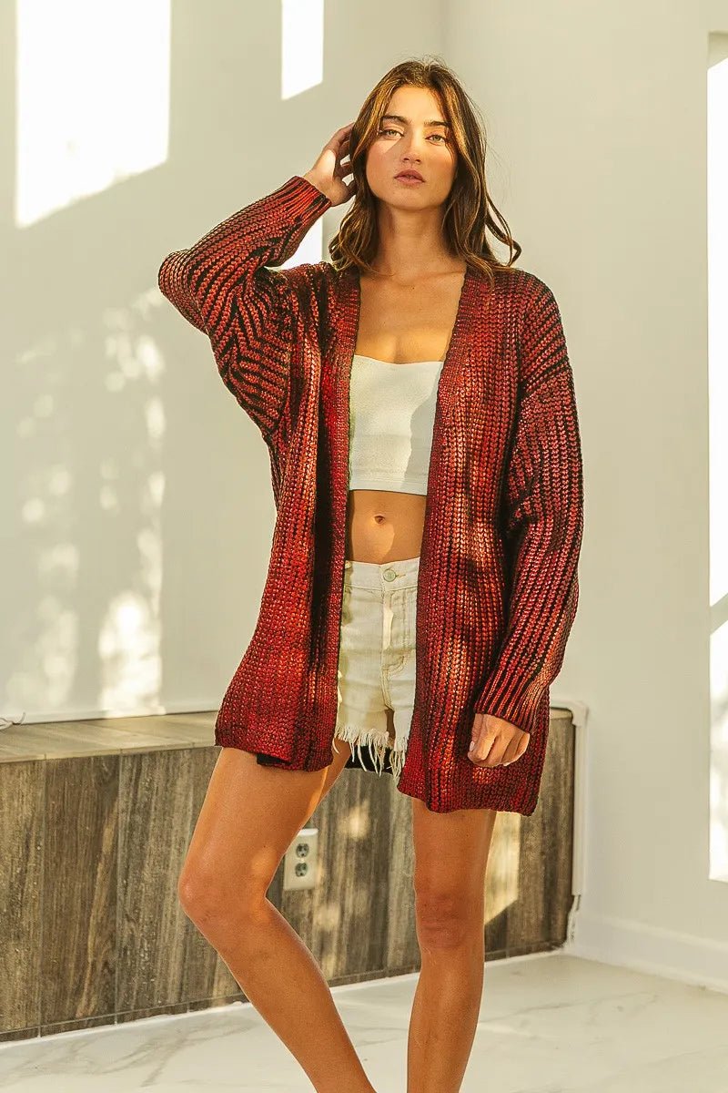 BiBi Metallic Knit V - Neck Cardigan Sweater for Stylish Layering - MegaSuperStar
