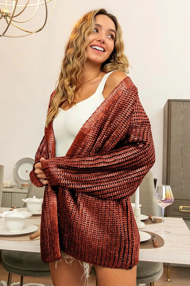 BiBi Metallic Knit V - Neck Cardigan Sweater for Stylish Layering - MegaSuperStar