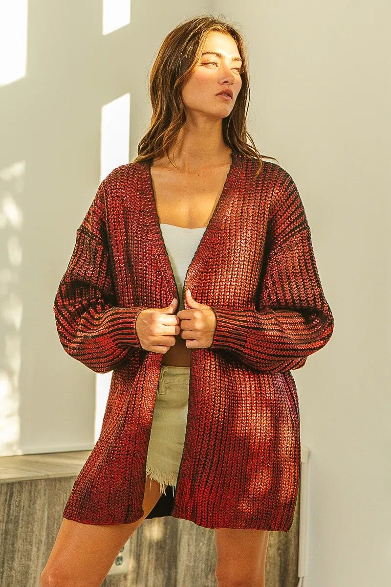 BiBi Metallic Knit V - Neck Cardigan Sweater for Stylish Layering - MegaSuperStar