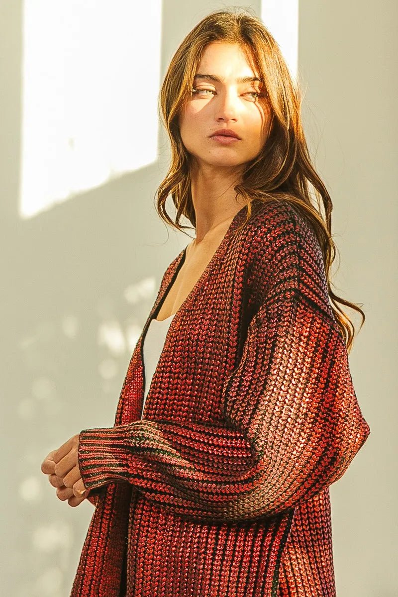 BiBi Metallic Knit V - Neck Cardigan Sweater for Stylish Layering - MegaSuperStar