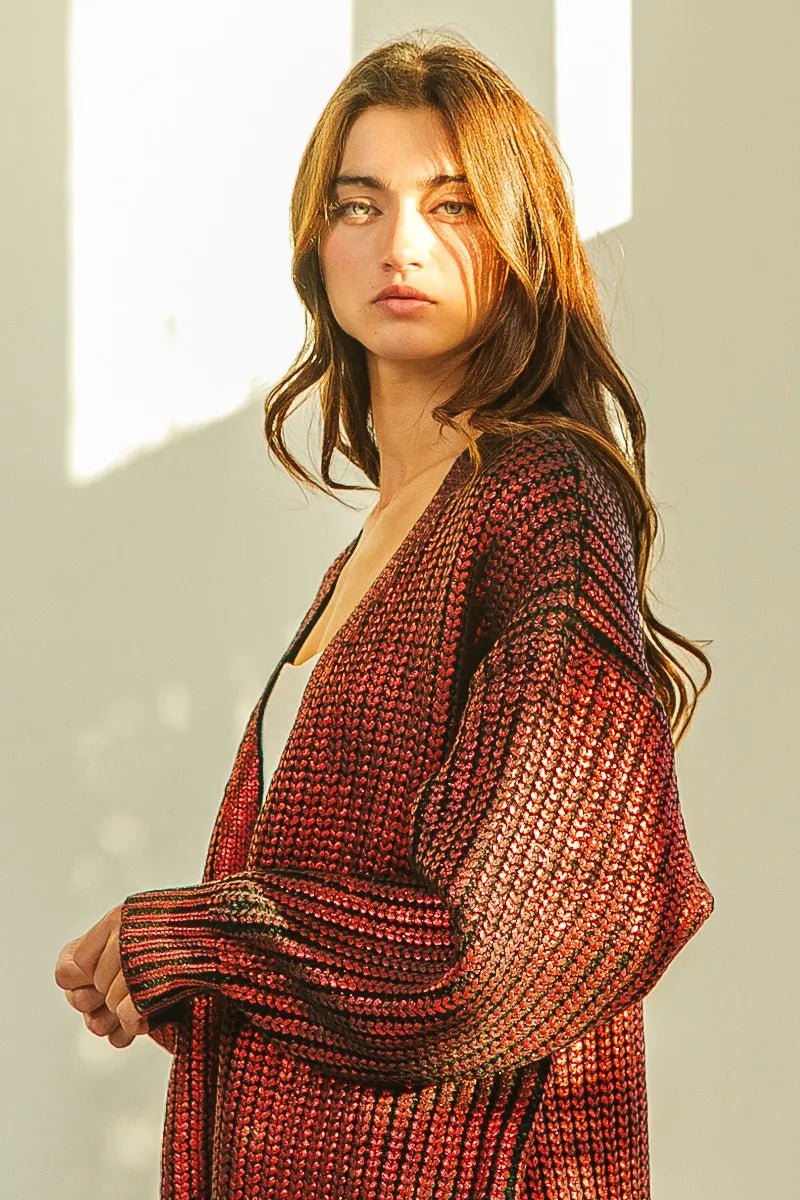 BiBi Metallic Knit V - Neck Cardigan Sweater for Stylish Layering - MegaSuperStar
