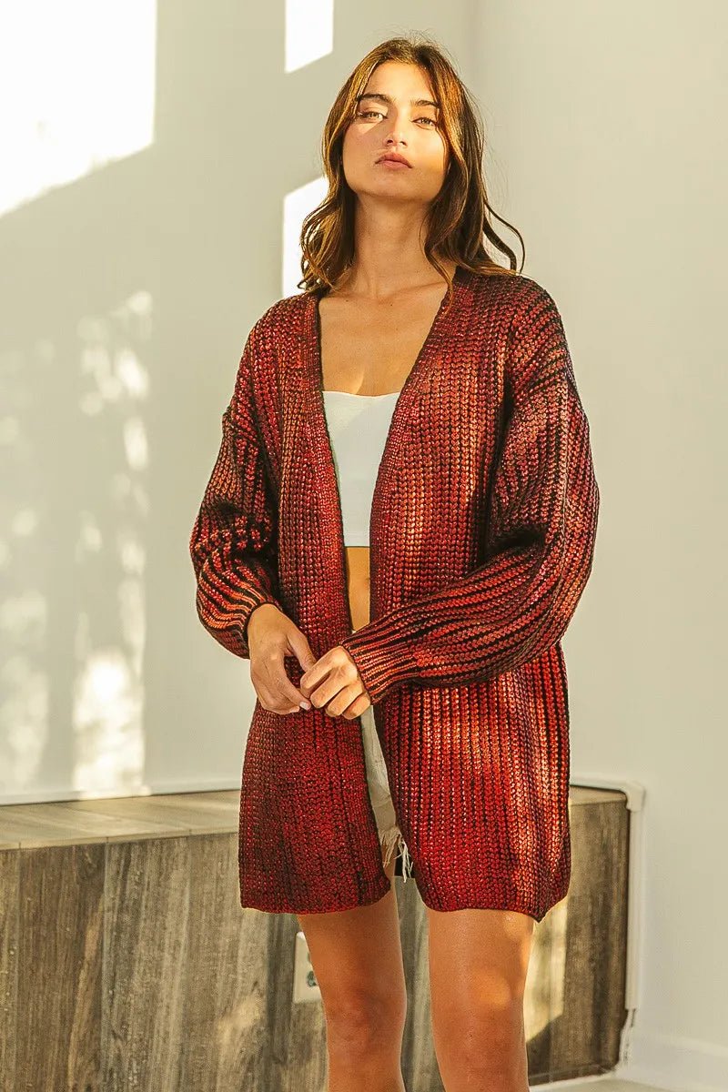 BiBi Metallic Knit V - Neck Cardigan Sweater for Stylish Layering - MegaSuperStar