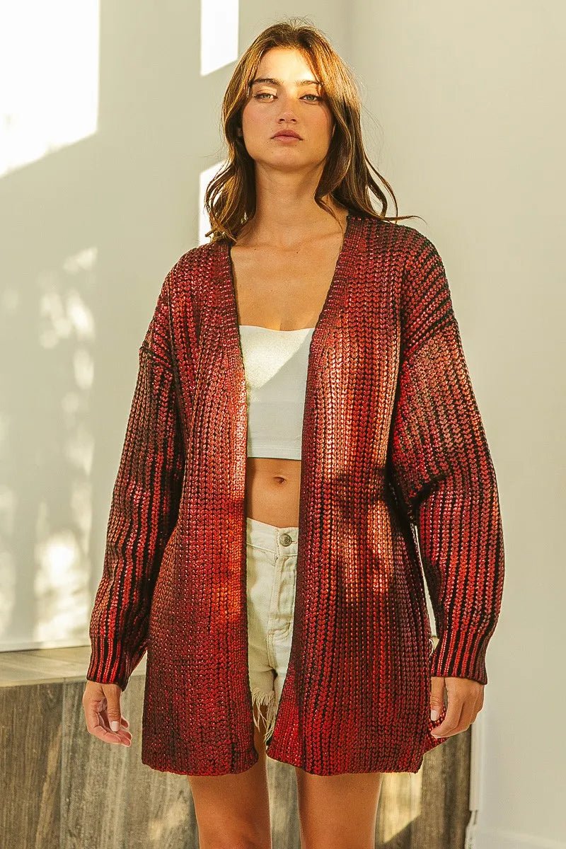 BiBi Metallic Knit V - Neck Cardigan Sweater for Stylish Layering - MegaSuperStar