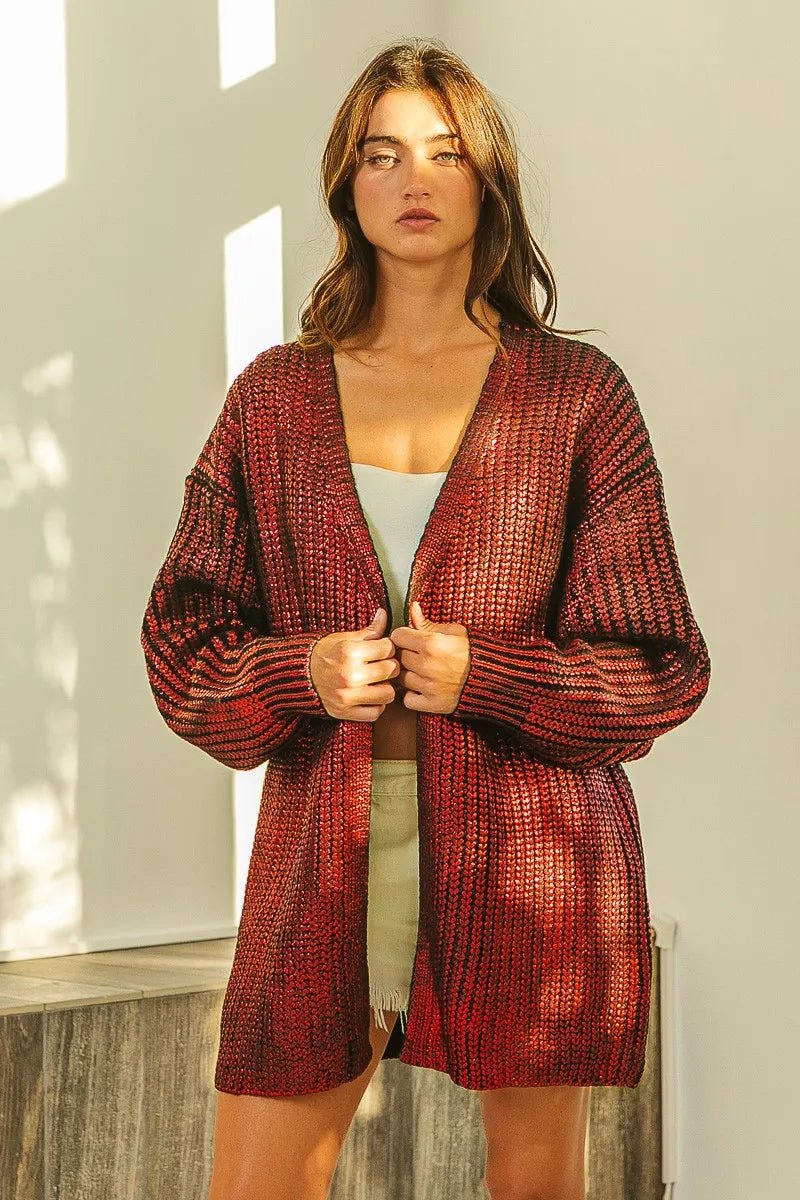 BiBi Metallic Knit V - Neck Cardigan Sweater for Stylish Layering - MegaSuperStar