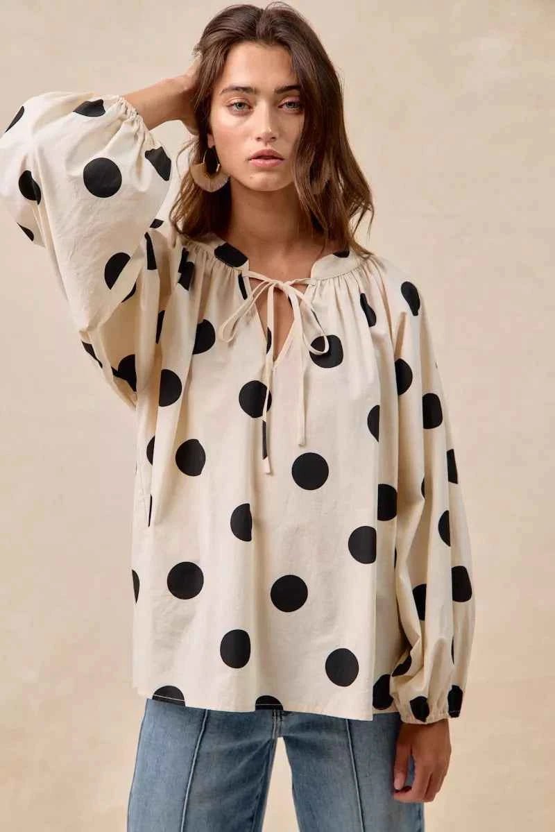 BiBi Polka Dot Balloon Sleeves Blouse with Exaggerated Design - MegaSuperStar