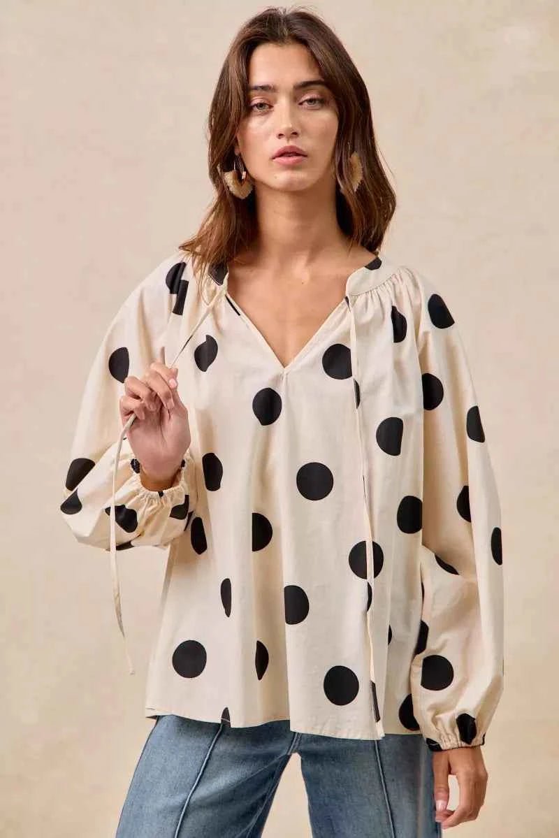BiBi Polka Dot Balloon Sleeves Blouse with Exaggerated Design - MegaSuperStar