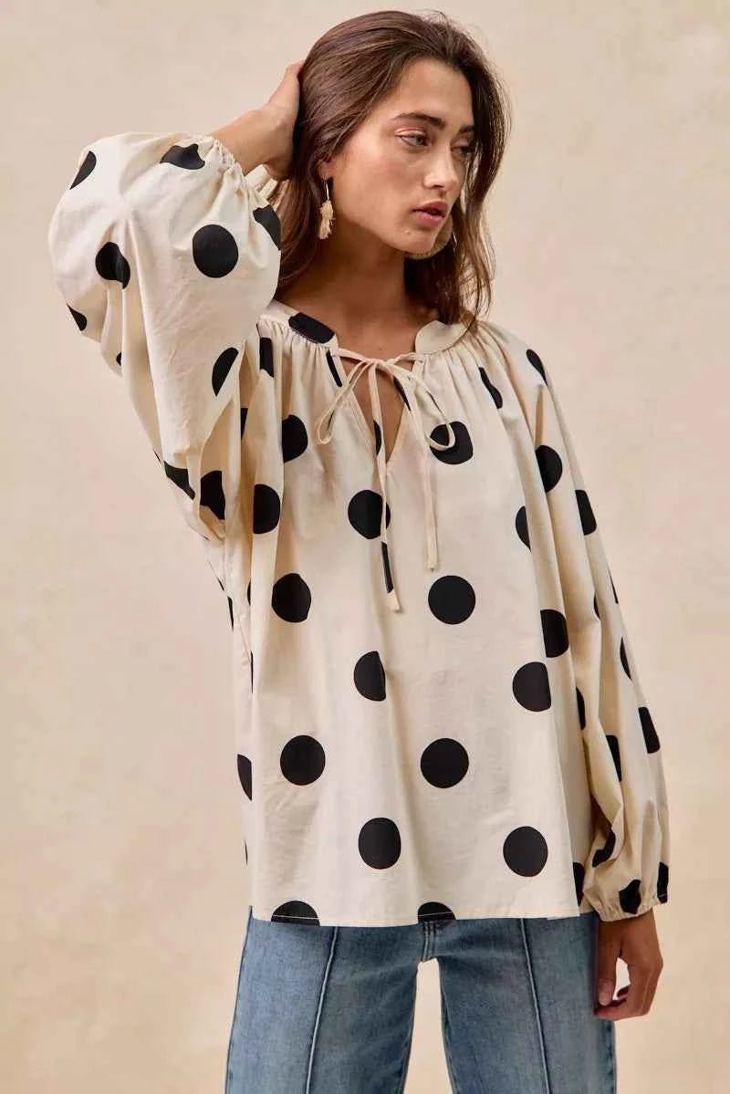 BiBi Polka Dot Balloon Sleeves Blouse with Exaggerated Design - MegaSuperStar