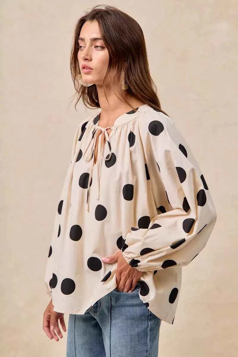 BiBi Polka Dot Balloon Sleeves Blouse with Exaggerated Design - MegaSuperStar