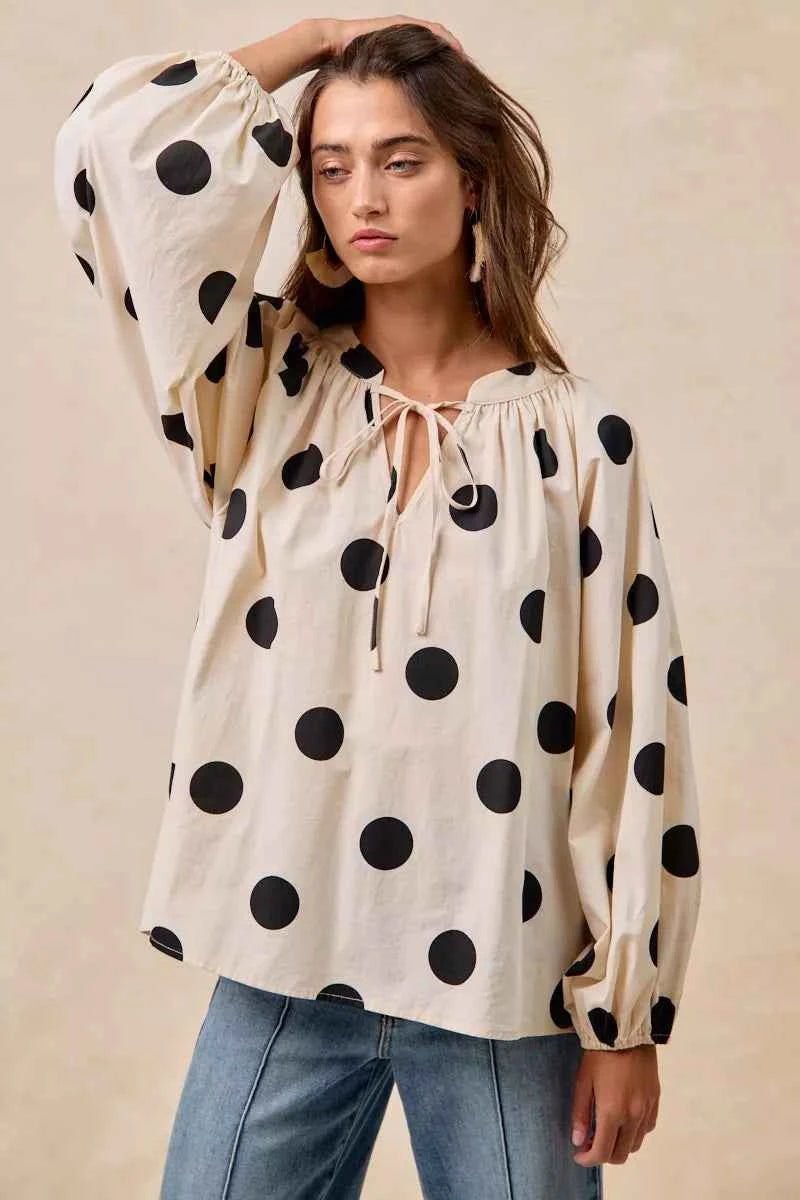 BiBi Polka Dot Balloon Sleeves Blouse with Exaggerated Design - MegaSuperStar