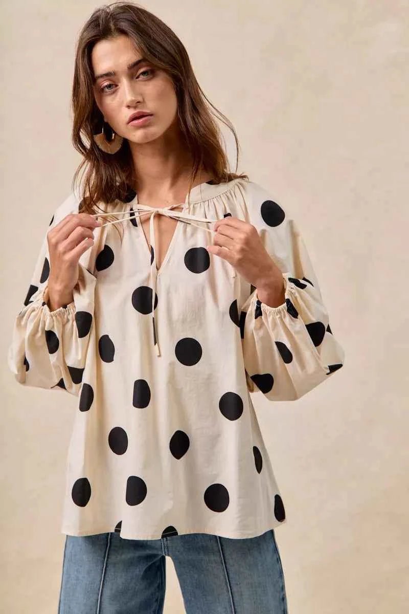 BiBi Polka Dot Balloon Sleeves Blouse with Exaggerated Design - MegaSuperStar