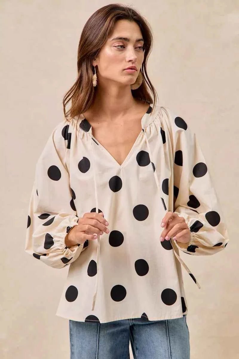 BiBi Polka Dot Balloon Sleeves Blouse with Exaggerated Design - MegaSuperStar