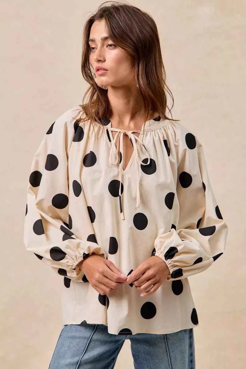 BiBi Polka Dot Balloon Sleeves Blouse with Exaggerated Design - MegaSuperStar