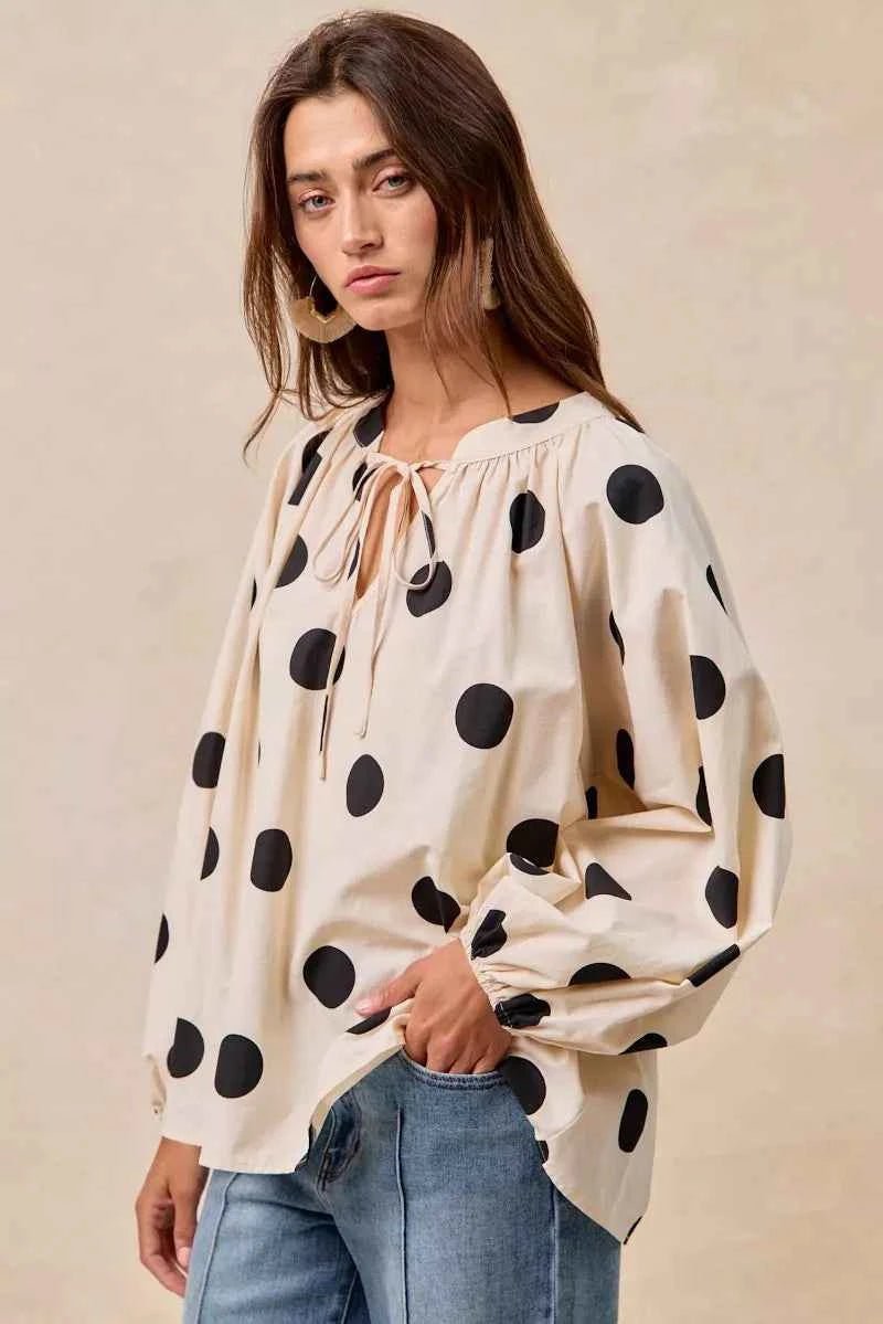 BiBi Polka Dot Balloon Sleeves Blouse with Exaggerated Design - MegaSuperStar