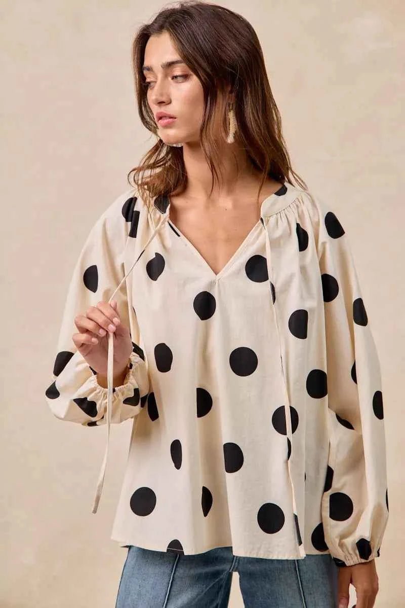 BiBi Polka Dot Balloon Sleeves Blouse with Exaggerated Design - MegaSuperStar