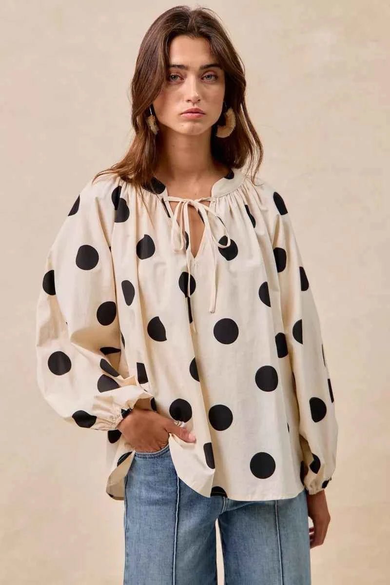 BiBi Polka Dot Balloon Sleeves Blouse with Exaggerated Design - MegaSuperStar