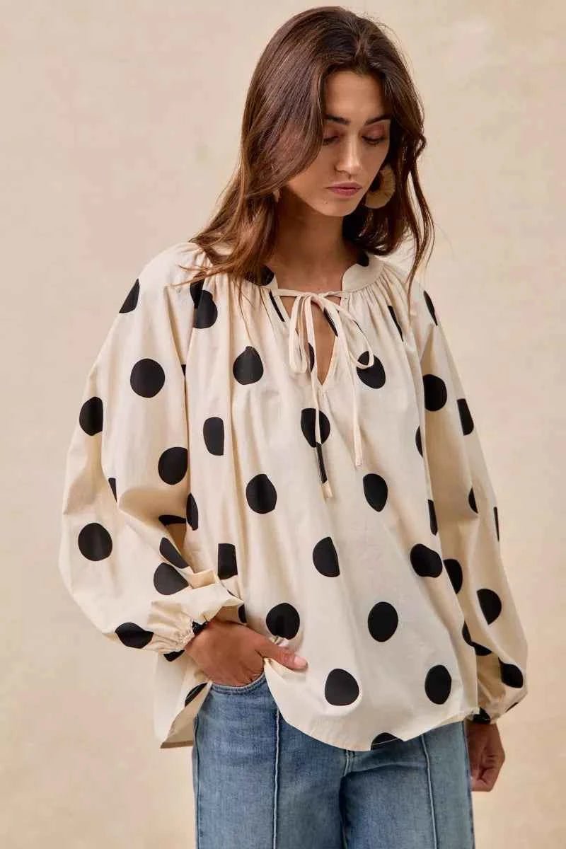 BiBi Polka Dot Balloon Sleeves Blouse with Exaggerated Design - MegaSuperStar