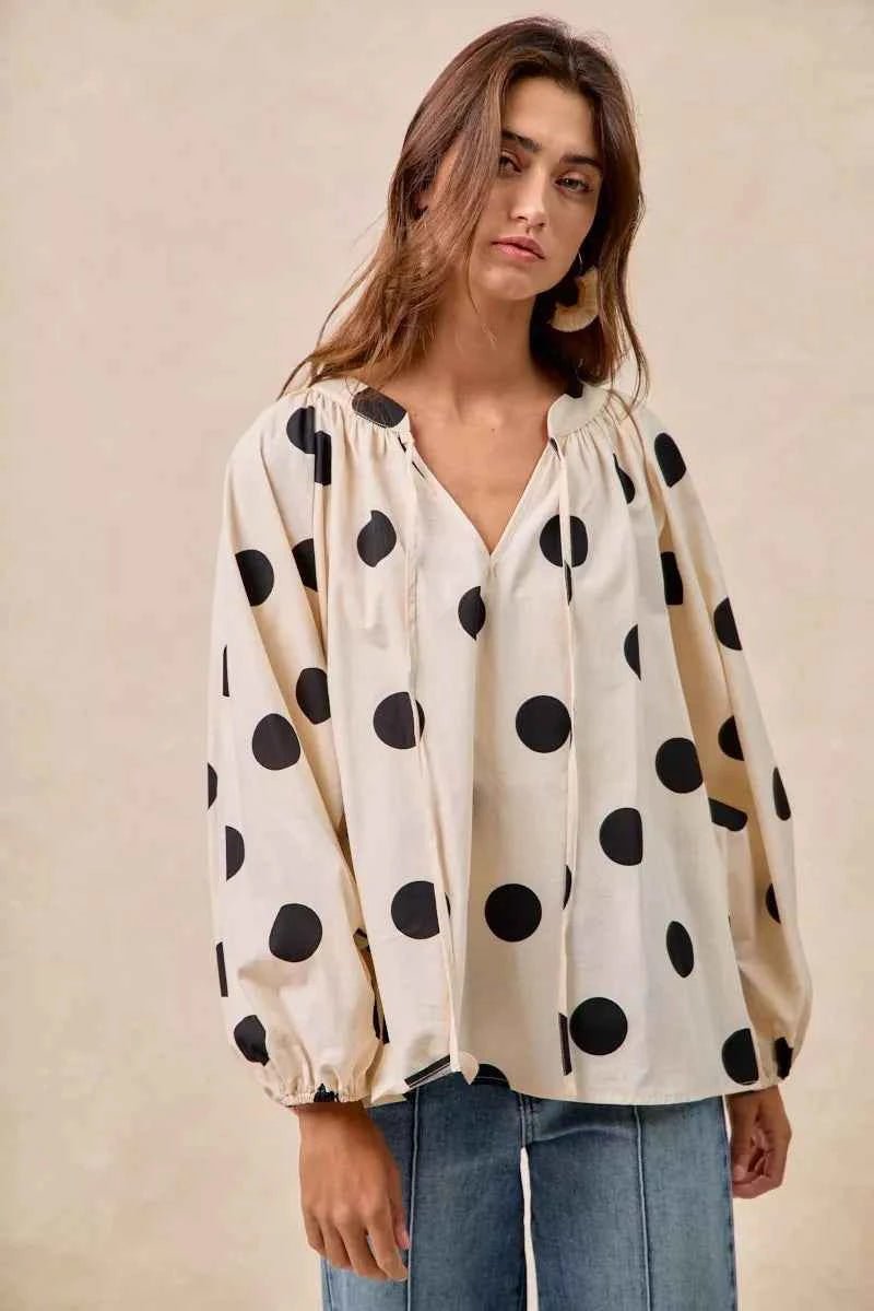 BiBi Polka Dot Balloon Sleeves Blouse with Exaggerated Design - MegaSuperStar