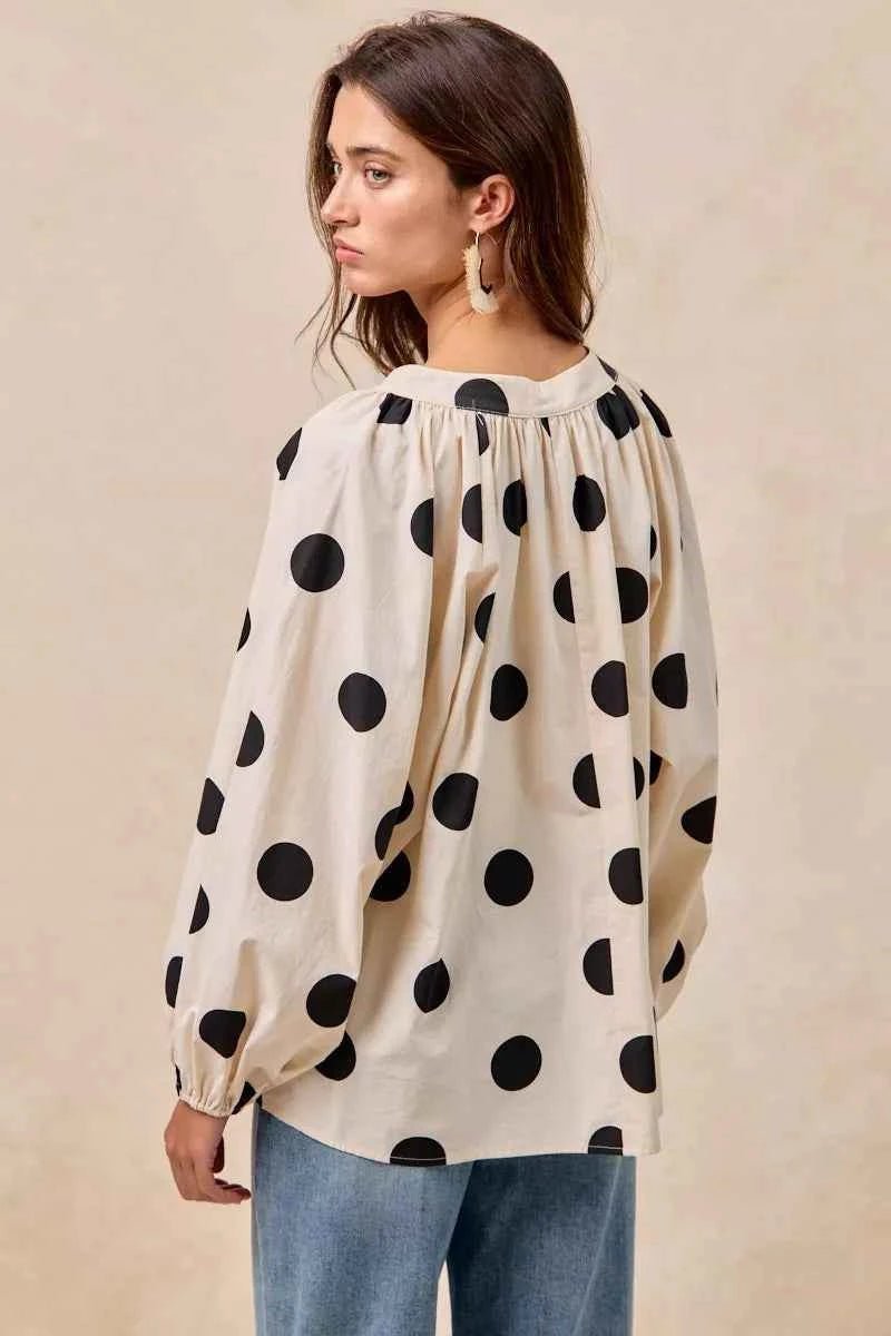 BiBi Polka Dot Balloon Sleeves Blouse with Exaggerated Design - MegaSuperStar