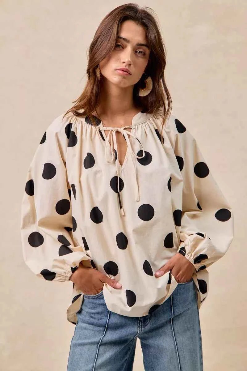 BiBi Polka Dot Balloon Sleeves Blouse with Exaggerated Design - MegaSuperStar