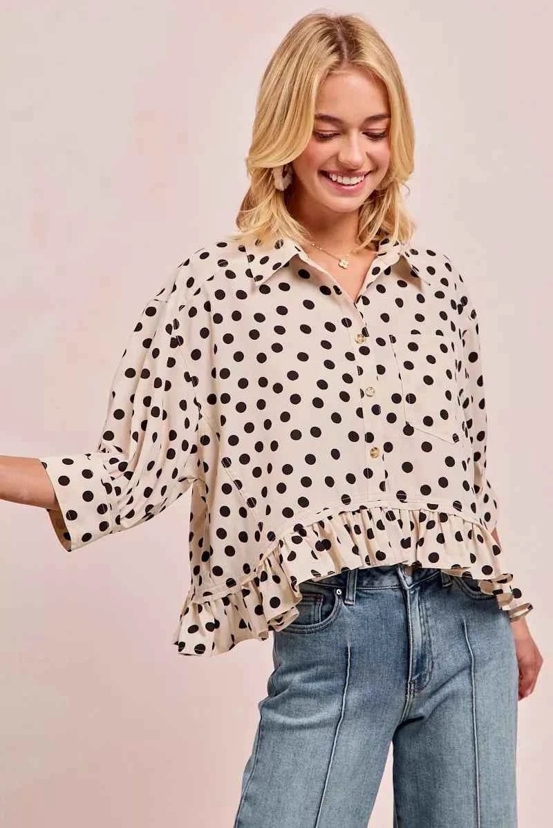 BiBi Polka Dot Peplum Top with Front Button for a Chic Look - MegaSuperStar