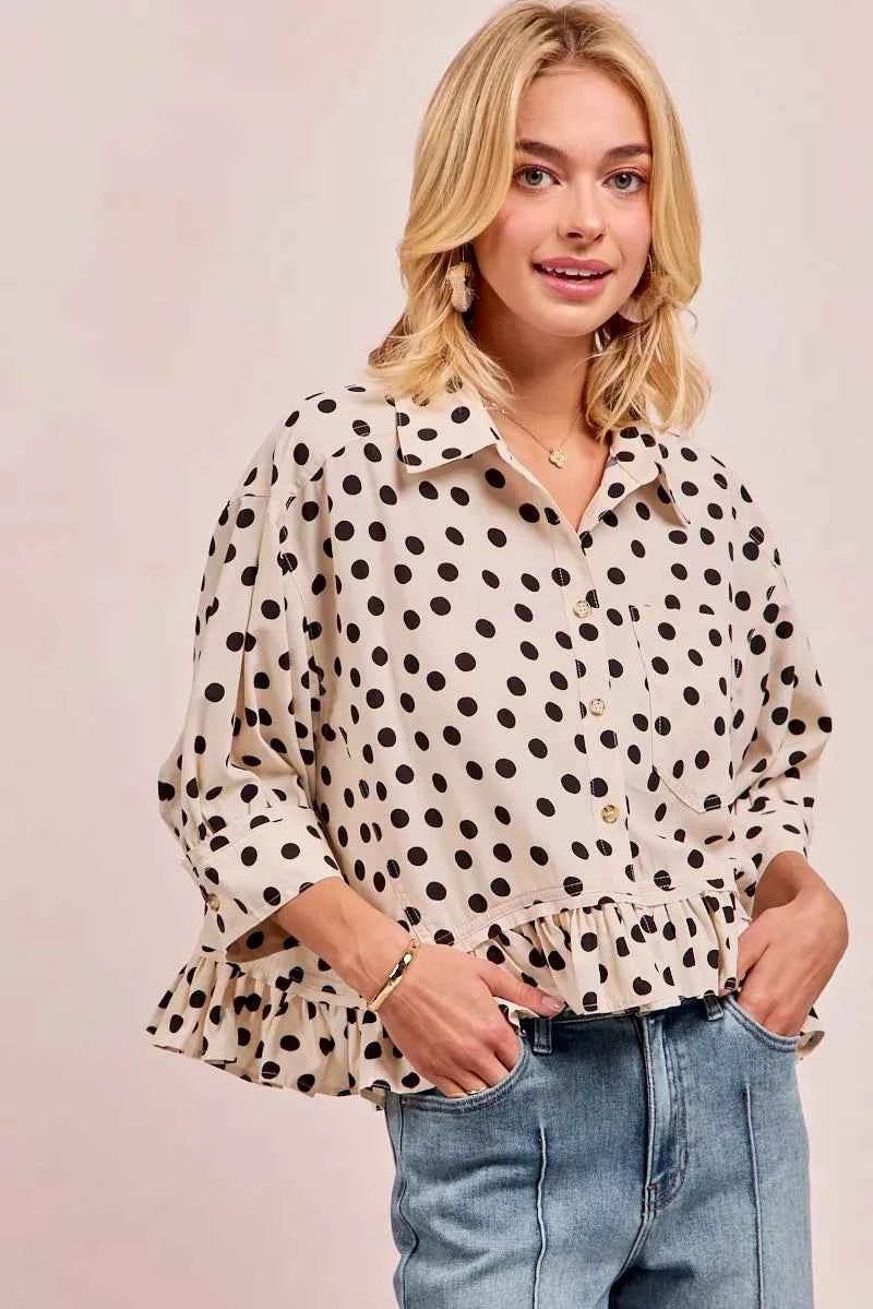 BiBi Polka Dot Peplum Top with Front Button for a Chic Look - MegaSuperStar