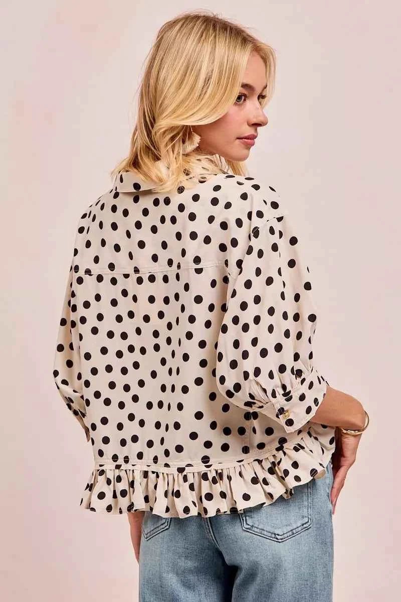 BiBi Polka Dot Peplum Top with Front Button for a Chic Look - MegaSuperStar