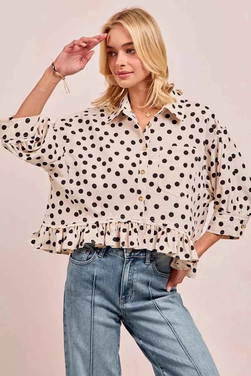 BiBi Polka Dot Peplum Top with Front Button for a Chic Look - MegaSuperStar