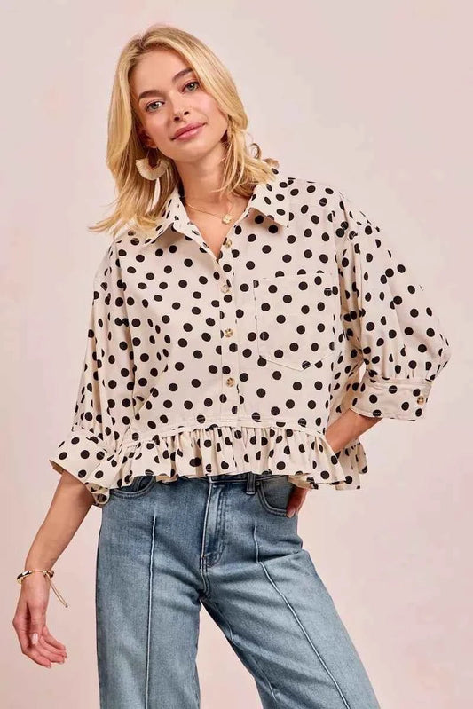 BiBi Polka Dot Peplum Top with Front Button for a Chic Look - MegaSuperStar