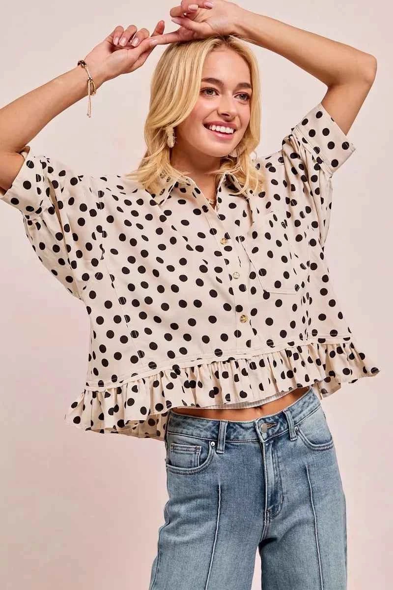 BiBi Polka Dot Peplum Top with Front Button for a Chic Look - MegaSuperStar