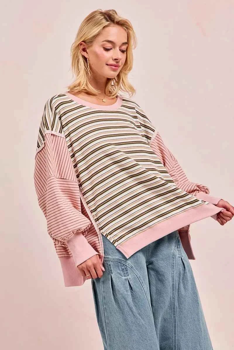 BiBi Stripe Mixed Top with Cut Edge and Reverse Outseam for Trendy Style - MegaSuperStar