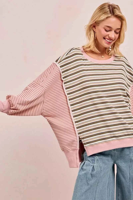 BiBi Stripe Mixed Top with Cut Edge and Reverse Outseam for Trendy Style - MegaSuperStar
