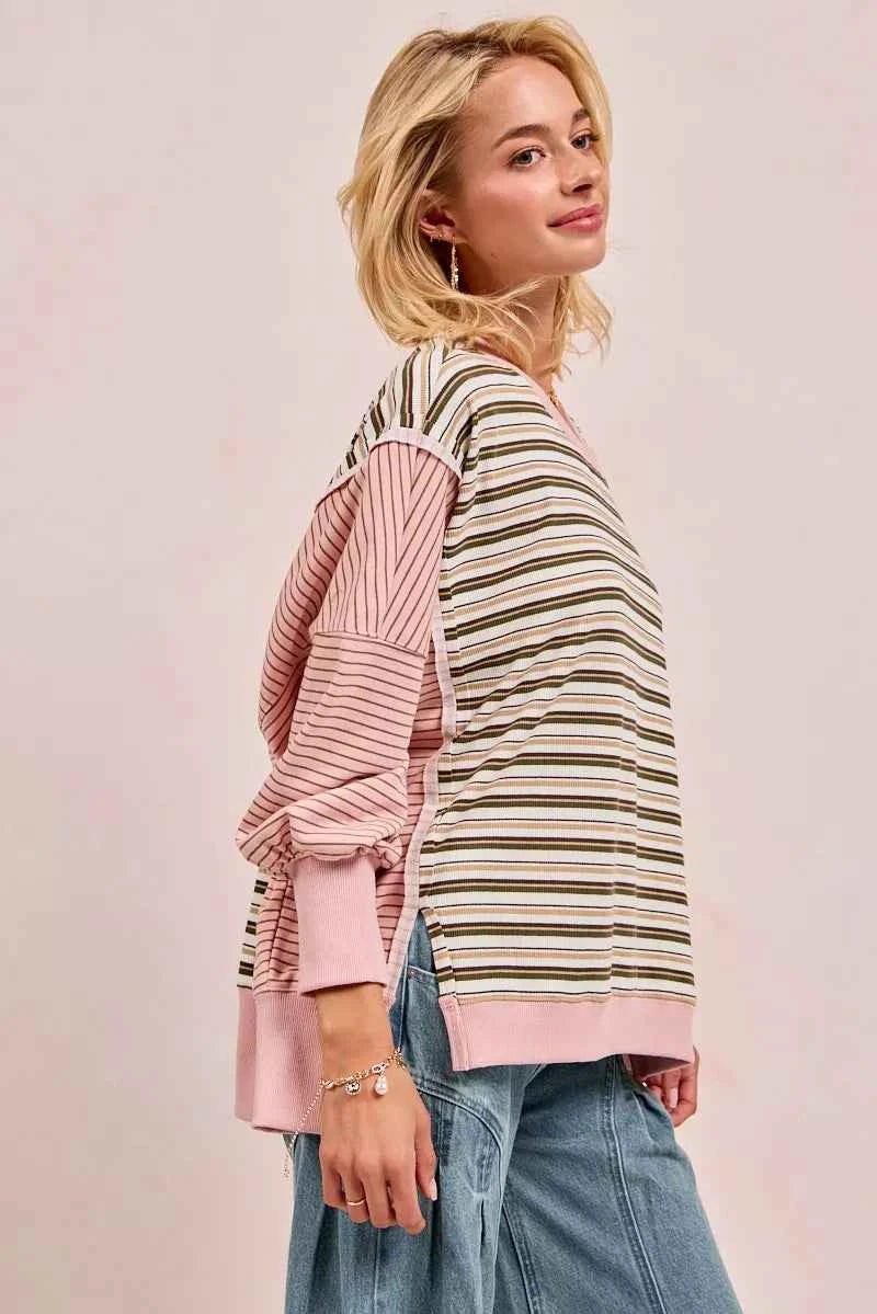 BiBi Stripe Mixed Top with Cut Edge and Reverse Outseam for Trendy Style - MegaSuperStar