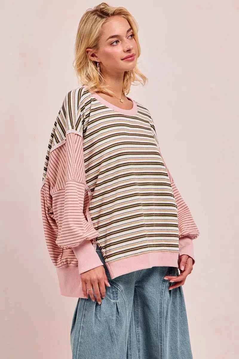 BiBi Stripe Mixed Top with Cut Edge and Reverse Outseam for Trendy Style - MegaSuperStar