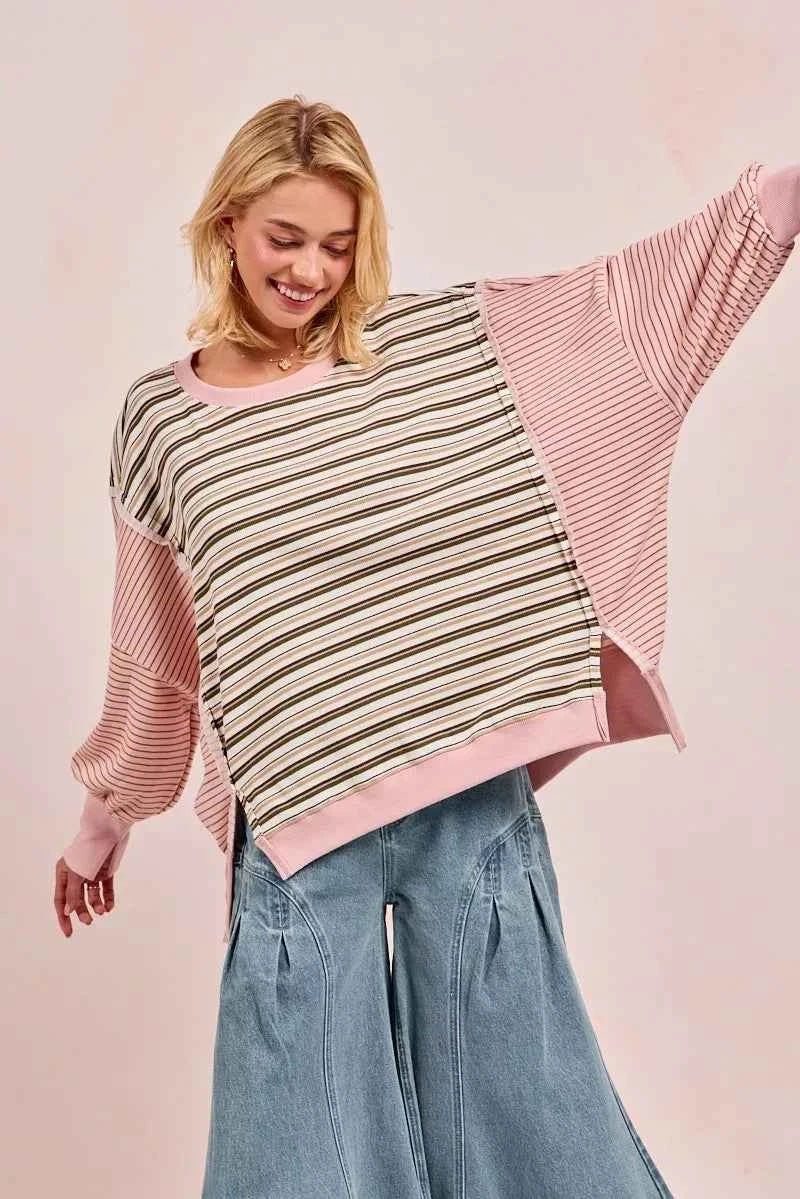 BiBi Stripe Mixed Top with Cut Edge and Reverse Outseam for Trendy Style - MegaSuperStar