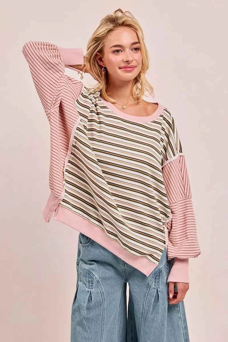 BiBi Stripe Mixed Top with Cut Edge and Reverse Outseam for Trendy Style - MegaSuperStar