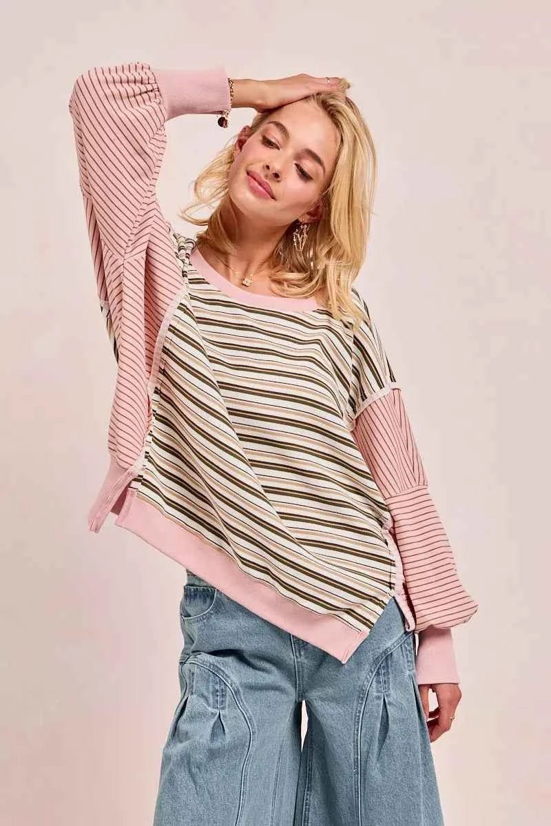 BiBi Stripe Mixed Top with Cut Edge and Reverse Outseam for Trendy Style - MegaSuperStar