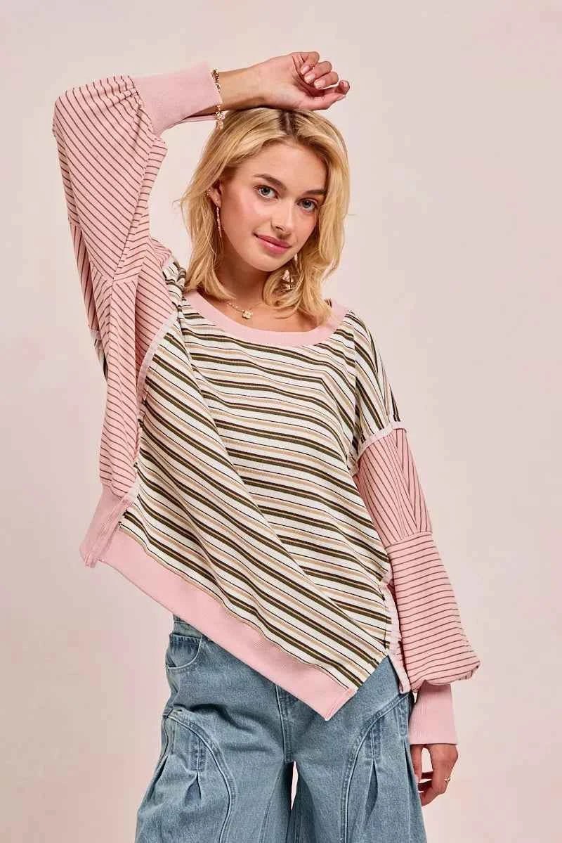 BiBi Stripe Mixed Top with Cut Edge and Reverse Outseam for Trendy Style - MegaSuperStar