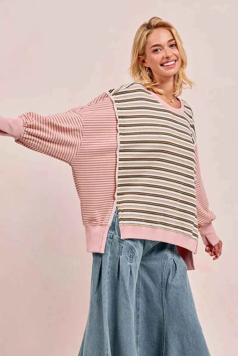 BiBi Stripe Mixed Top with Cut Edge and Reverse Outseam for Trendy Style - MegaSuperStar