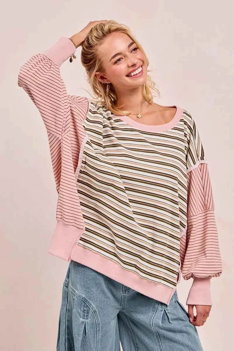 BiBi Stripe Mixed Top with Cut Edge and Reverse Outseam for Trendy Style - MegaSuperStar