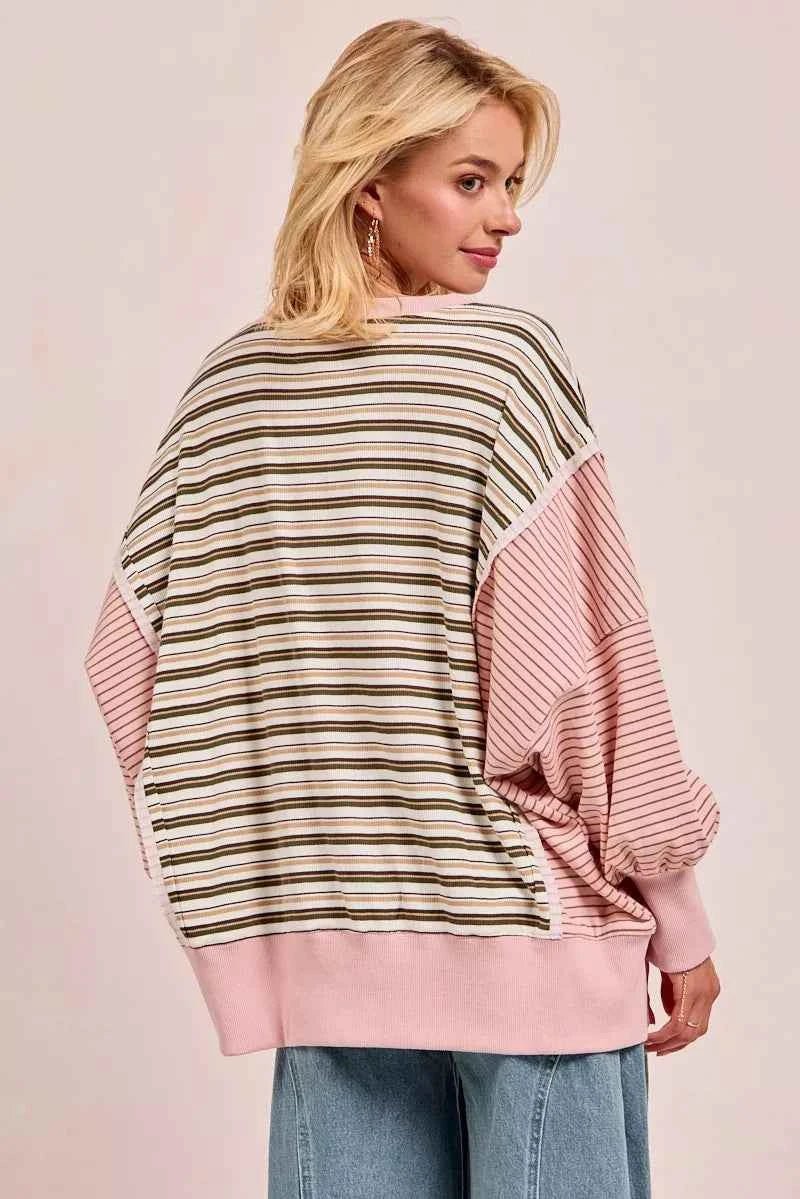 BiBi Stripe Mixed Top with Cut Edge and Reverse Outseam for Trendy Style - MegaSuperStar